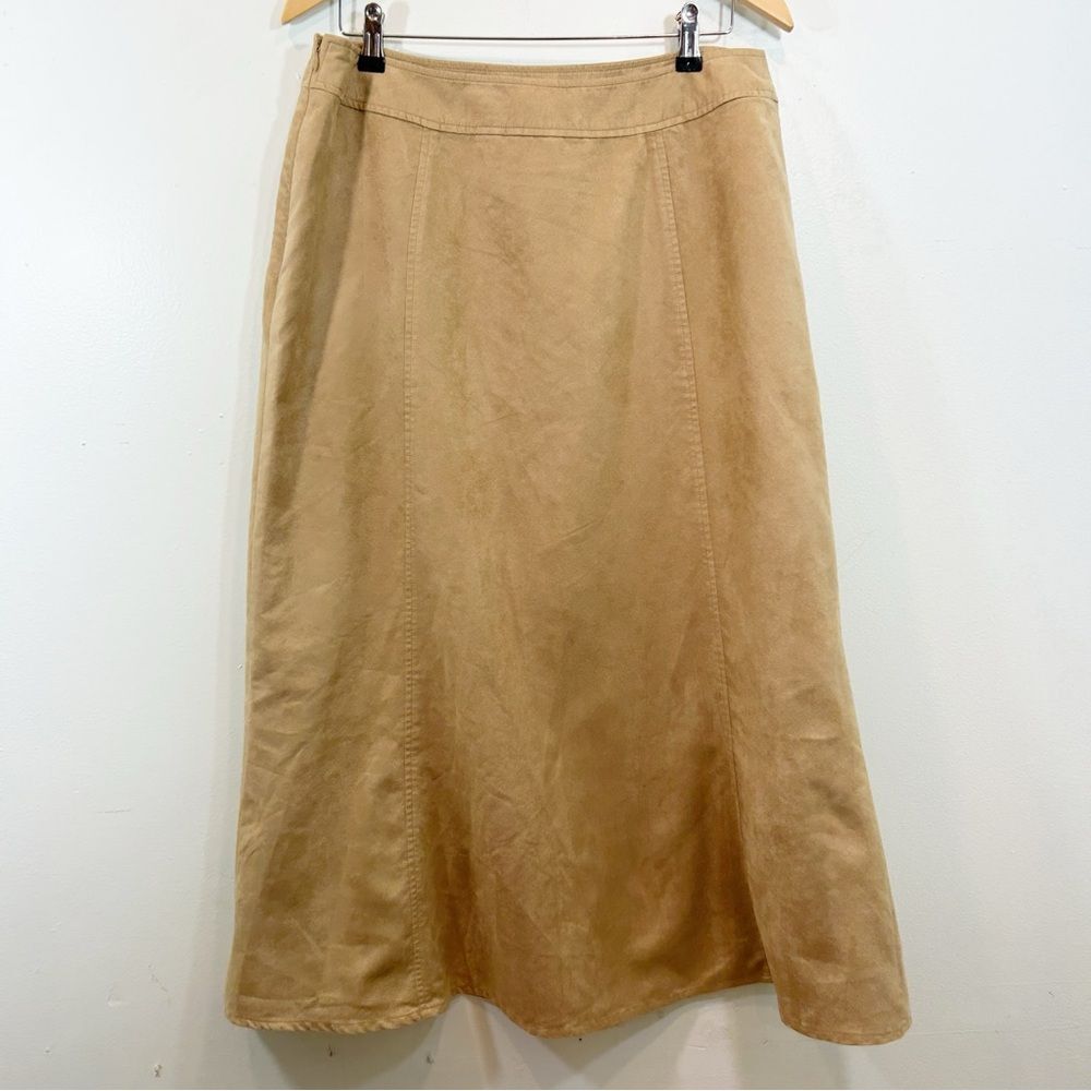 Liz Claiborne Camel Beige Faux Suede Midi Skirt Fit Flare 14 Bohemian Western